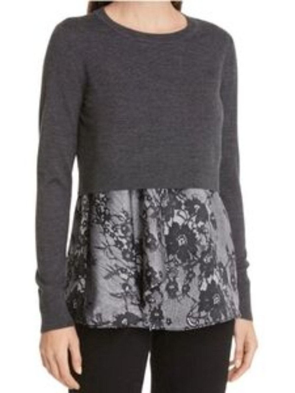 CLUB MONACO CLARIBEL LAYERED LOOK FLORAL MERINO WOOL SWEATER CHARCOL SIZE M